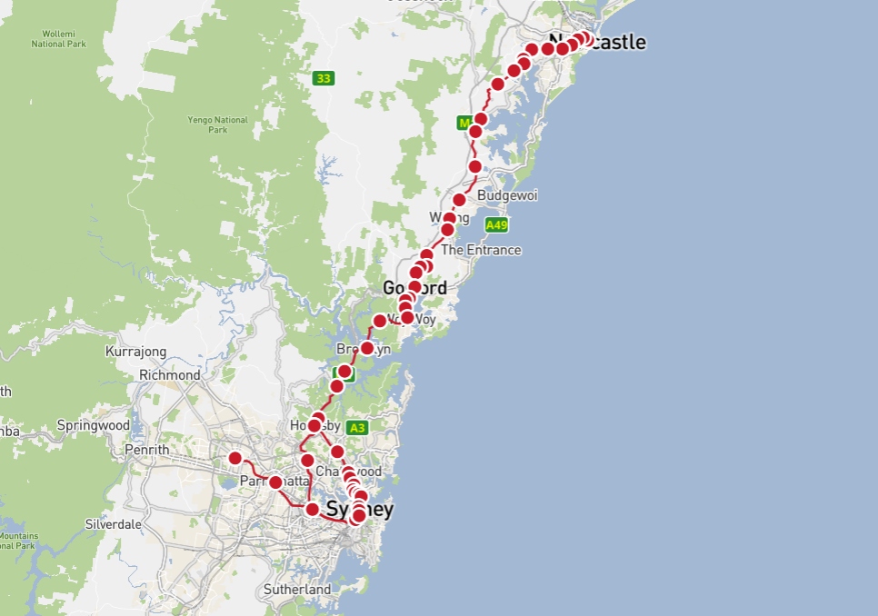 CCN Central Coast & Newcastle Line Route Map